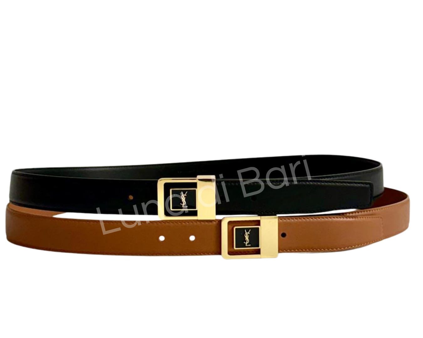 Cinto YSL de couro clássico com fivela monograma dourada de 3cm de largura em diversas cores: preto, caramelo, branco, marrom e nude.