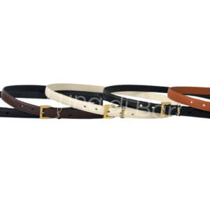 Cinto YSL de couro clássico com fivela monograma dourada de 3cm de largura em diversas cores: preto, caramelo, branco, marrom e nude.