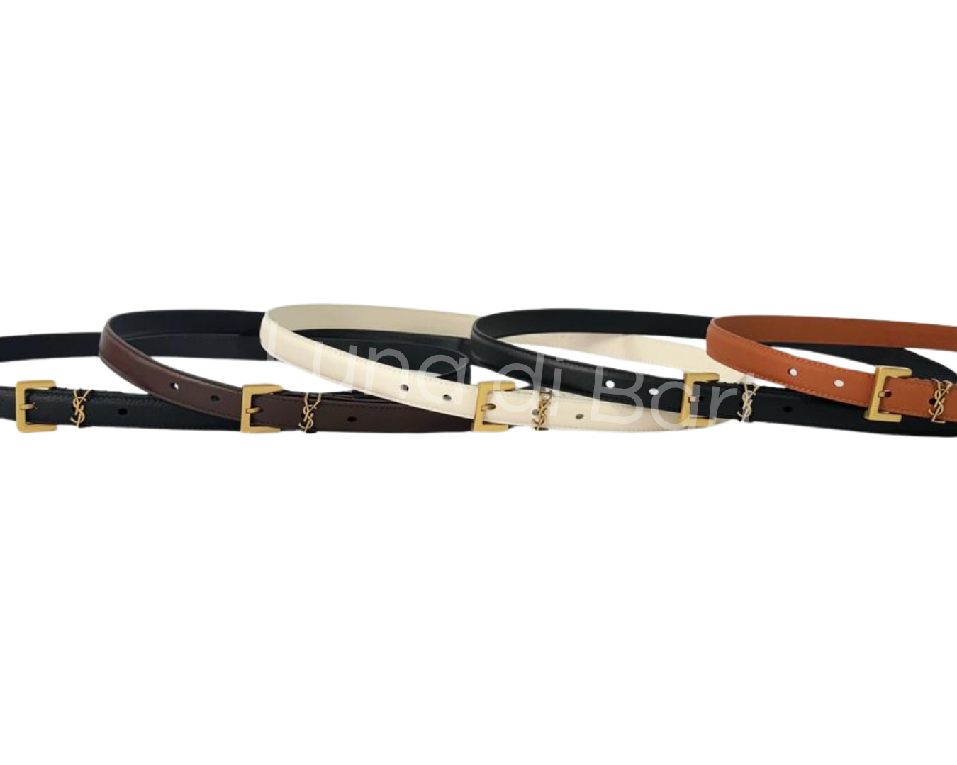Cinto YSL de couro clássico com fivela monograma dourada de 3cm de largura em diversas cores: preto, caramelo, branco, marrom e nude.