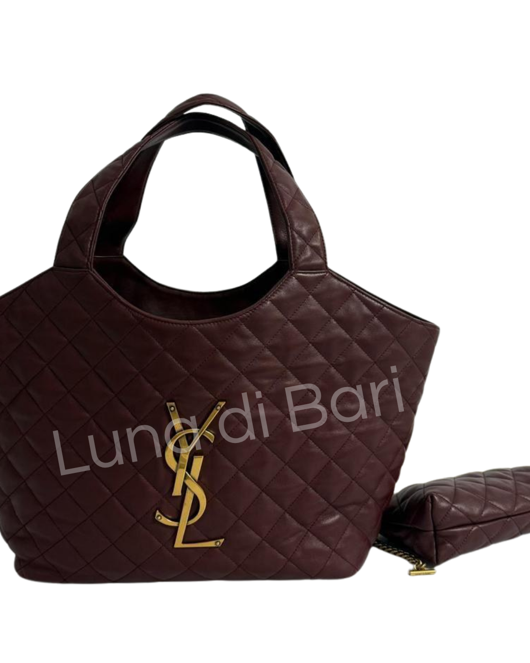 Bolsa tote Saint Laurent (YSL) grande Icare acolchoada na cor bordô (vinho) com o logo Cassandre YSL em metal dourado.